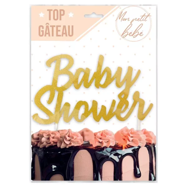 Top gateau avec l'écriture "baby shower" en couleur dorée pour gender reveal ou Babyshower sur un gateaudans son emballage