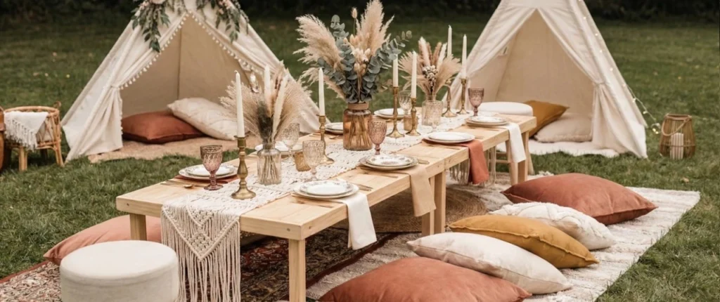 Theme boheme pour fête prenatale dans un jardin avec des tipis